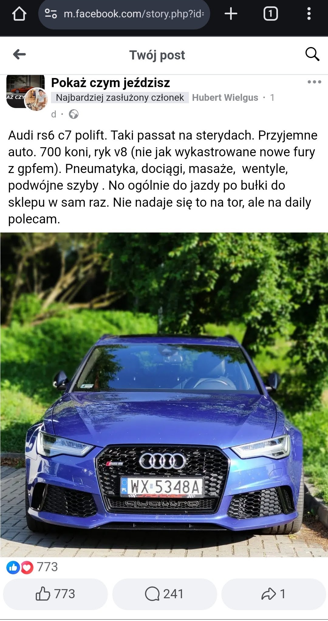 Post promujący Audi RS6 z dużym zaangażowaniem na Facebooku