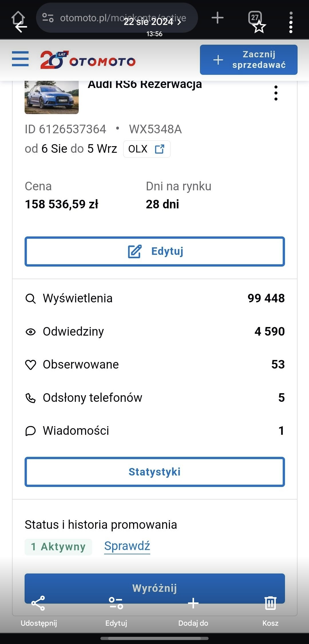 Statystyki ogłoszenia Audi RS6 w OTOMOTO