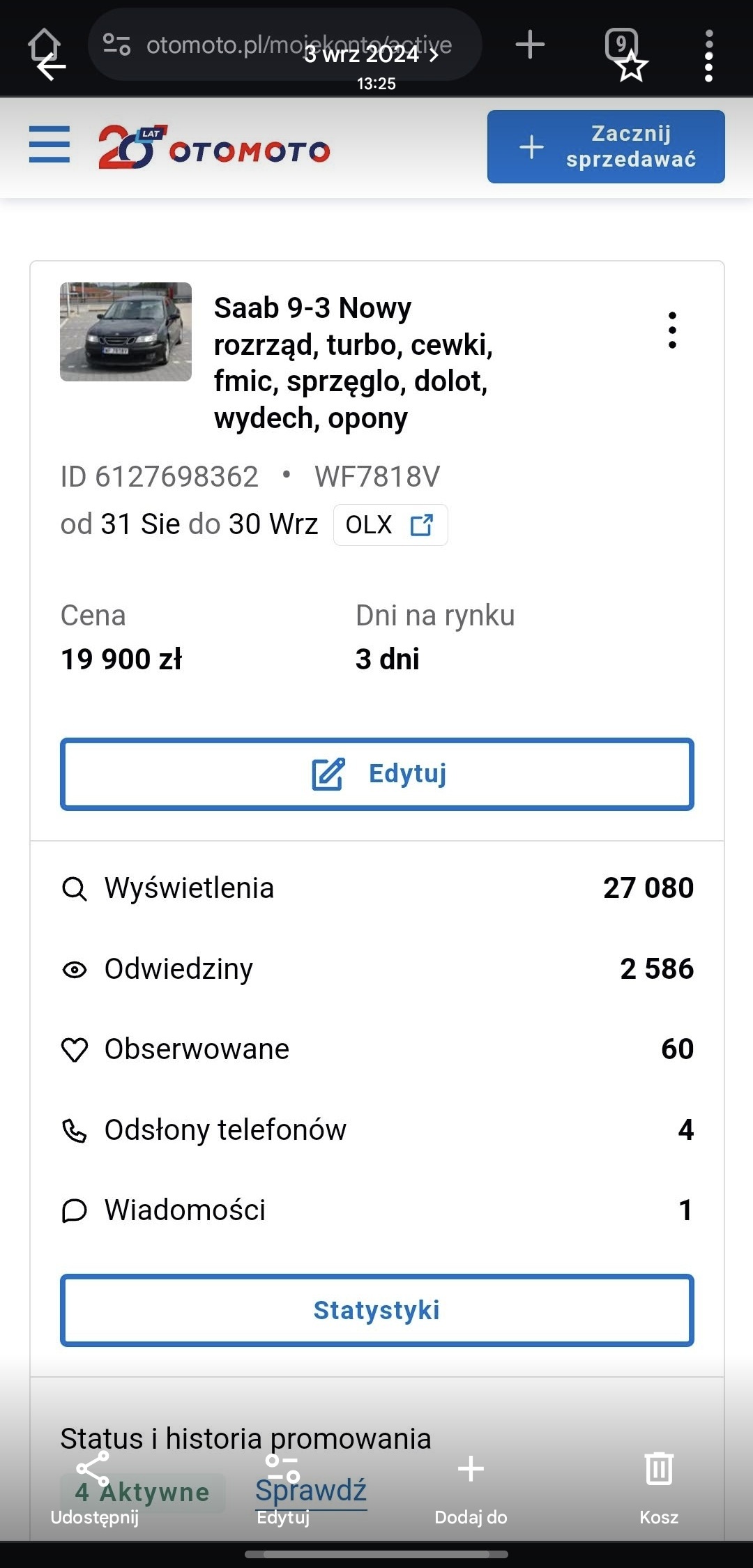 Zrzut statystyk ogłoszenia Saab 9-3 na Otomoto. 