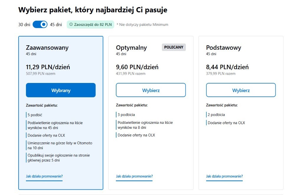 Cennik pakietów promowania ogłoszenia na Otomoto: Zaawansowany, Optymalny i Podstawowy